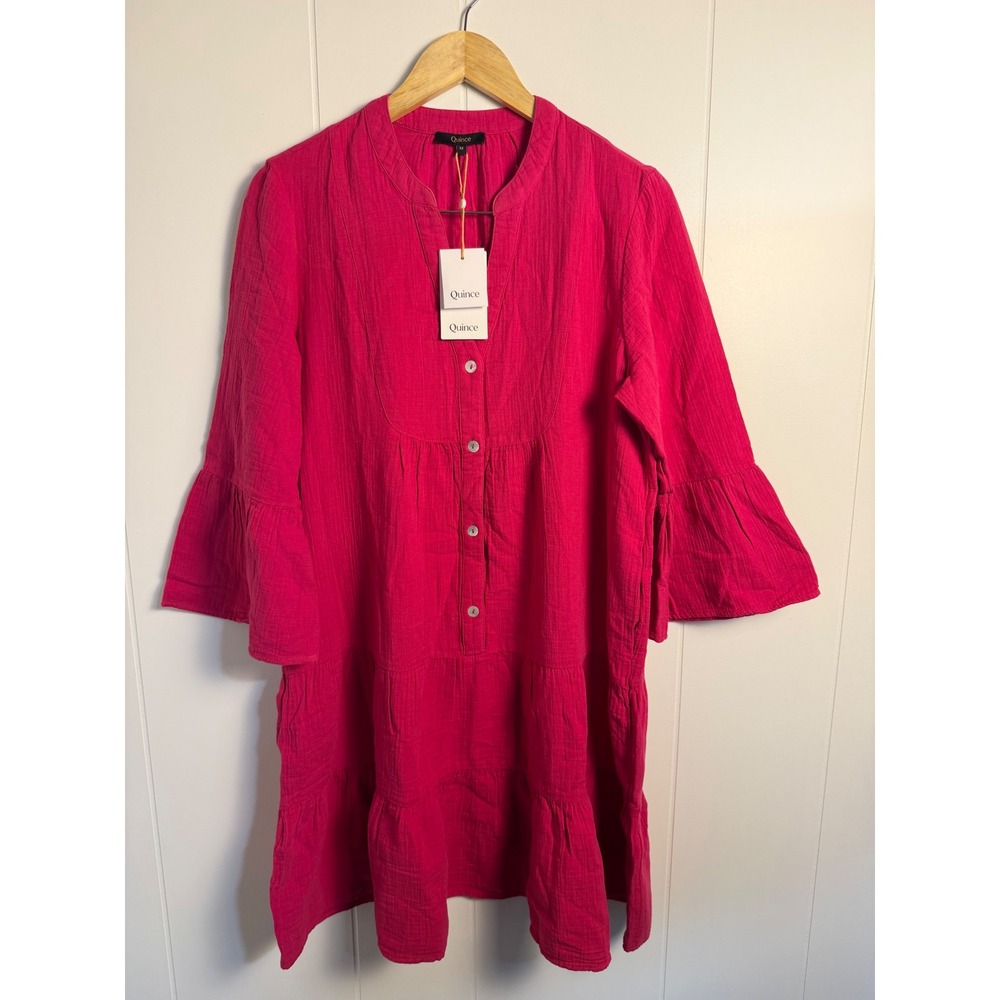 Quince 100% Organic Cotton Tiered Mini Dress M Amaranth Pink Gauze Bell Sleeve